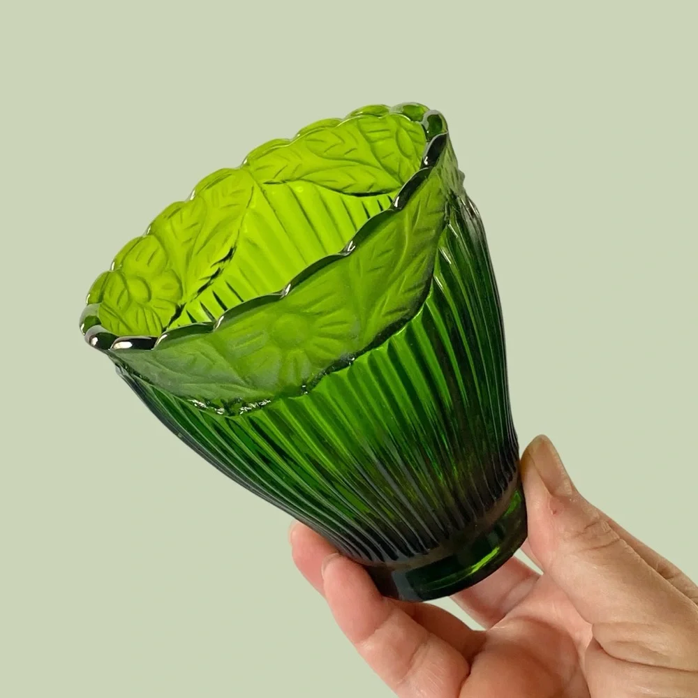 Crate & Barrel Green Glass Frosted and Glossy Ribbed Floral Candle Holder 4.25
